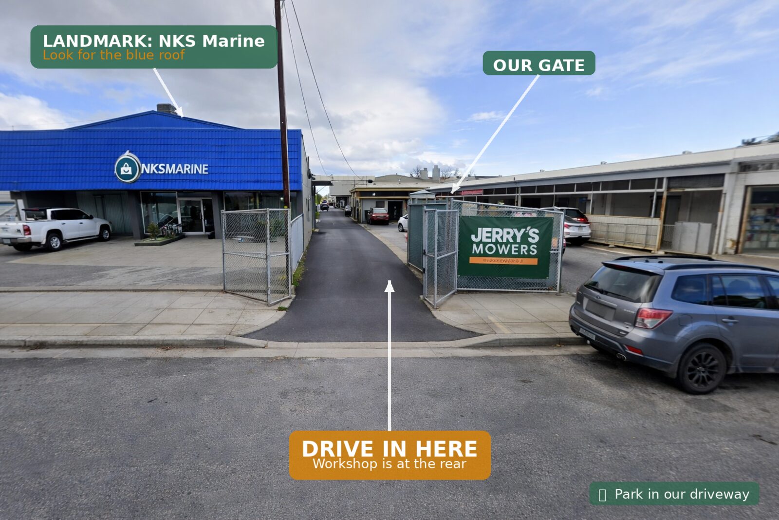 Visual guide showing how to find Jerry's Mowers & Mechanical — look for NKS Marine with the blue roof, then drive through the open gates and down the driveway to our workshop at the rear